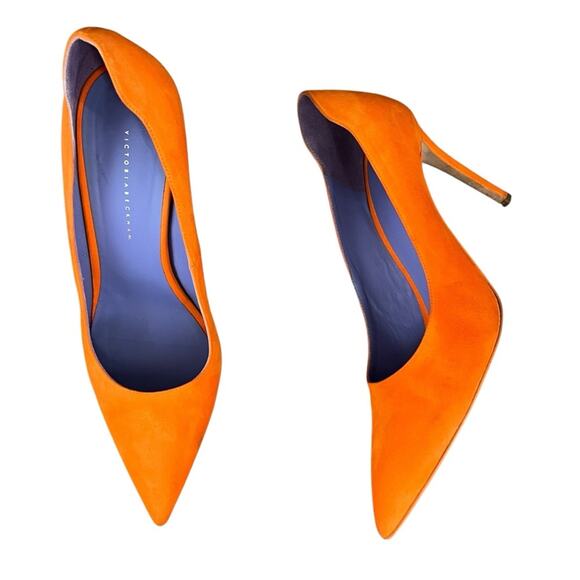 Victoria Beckham Women’s Point Toe Orange Suede Purple Interior Stiletto Heels - Picture 1 of 16